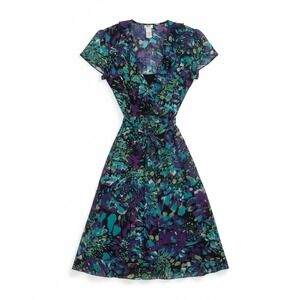 Vintage JBS LTD Dress Size 8 Purple Teal Abstract Floral Ruffle Front Sheer Midi